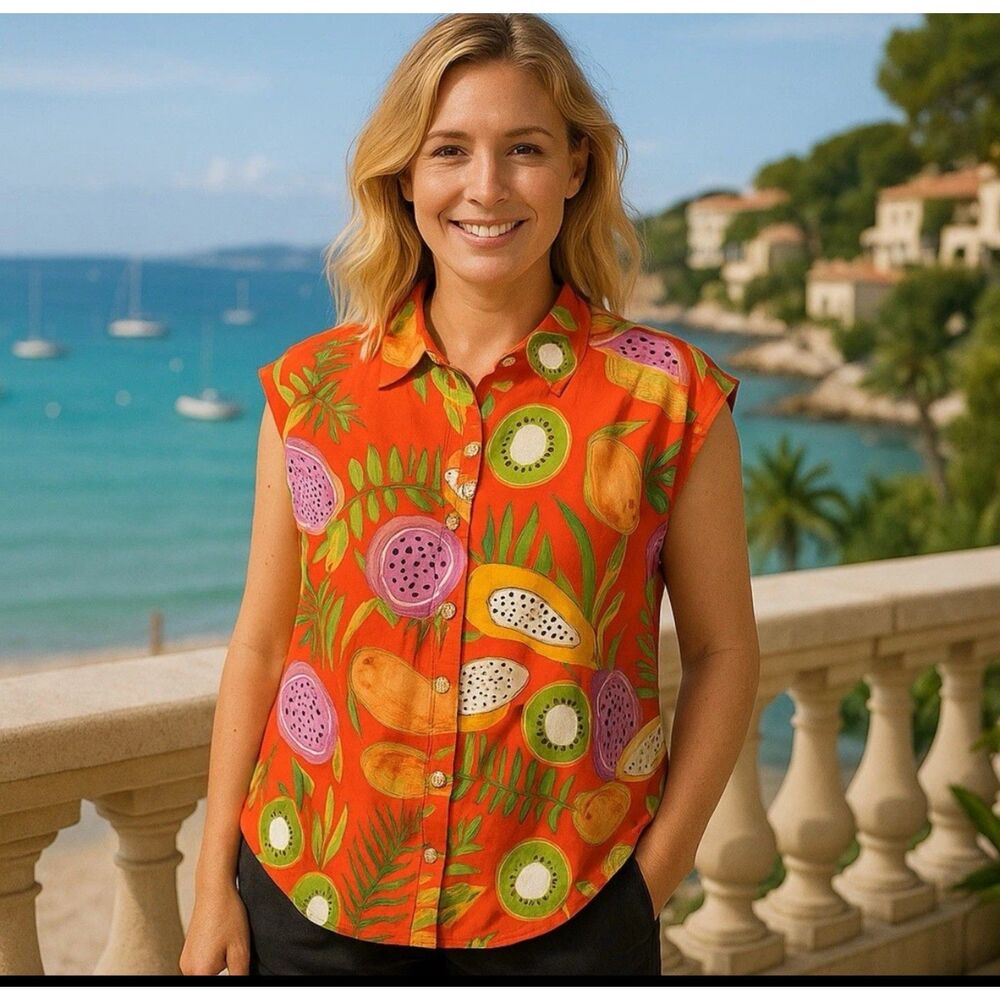 Maison D'Amelie Womens Orange Fruit Print Tank Top Sz L Vacation Beachy Artsy